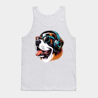 Smiling Saint Bernard DJ Grooves in Japanese Style Tank Top